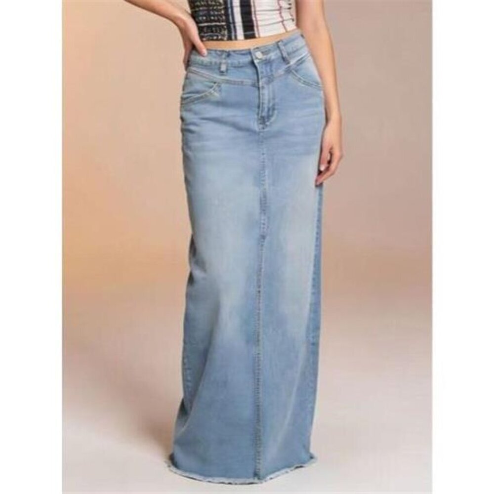 Raw Hem Maxi Denim Skirt